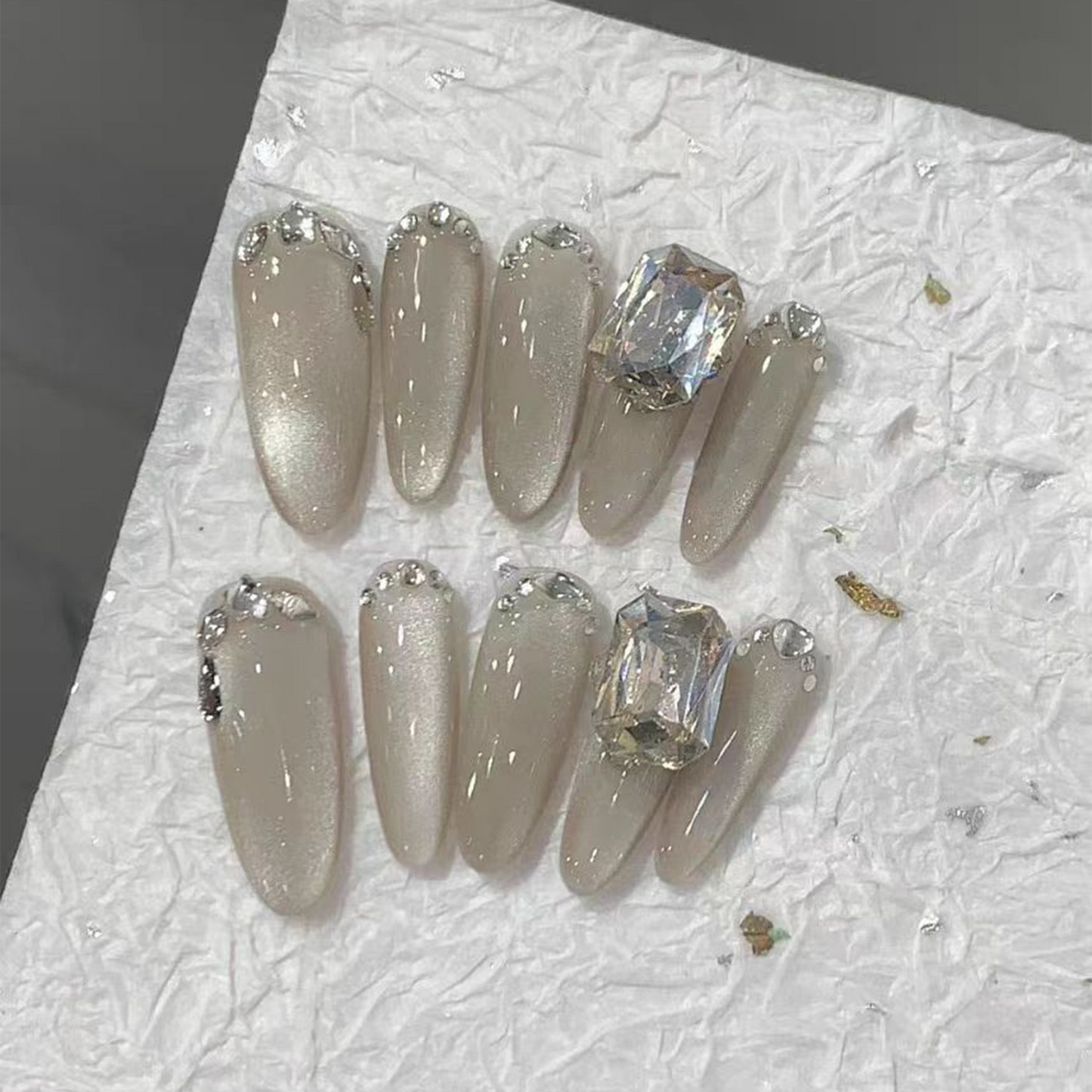 Cat's Eye|Glitter Silver Nail With Diamond|Press On Nails