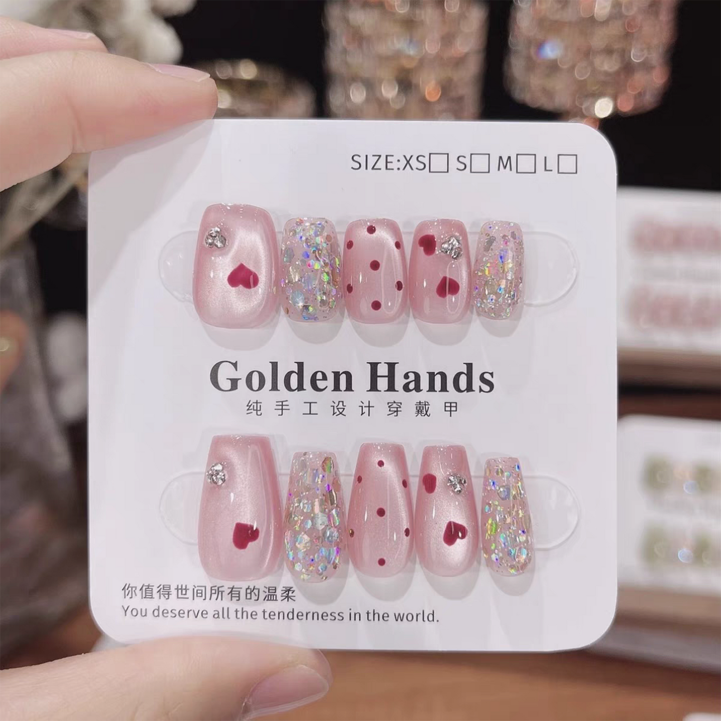 Fleeing Sweetheart|Pink Heart Glitter Nail|Press On Nails