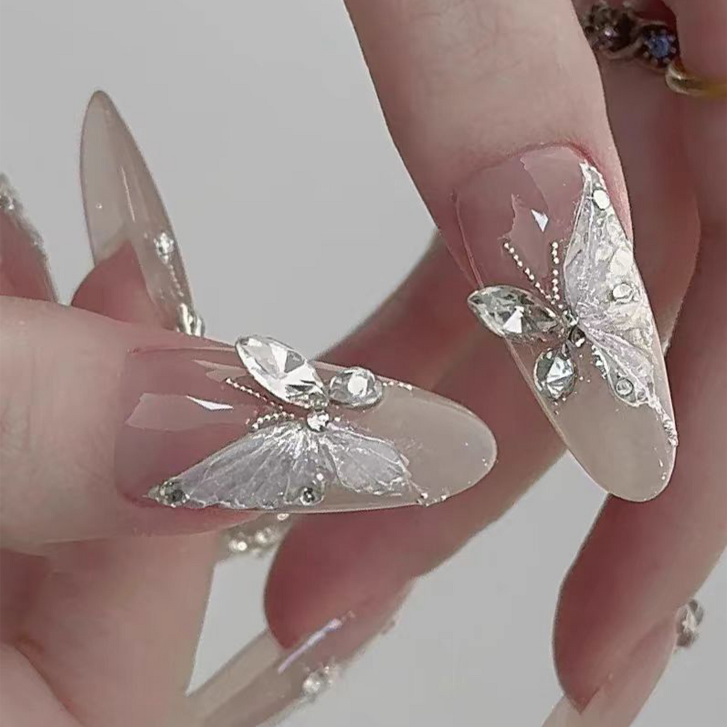 Innocent Seduction|Faceted Diamond Butterfly Nail|Press On Nails