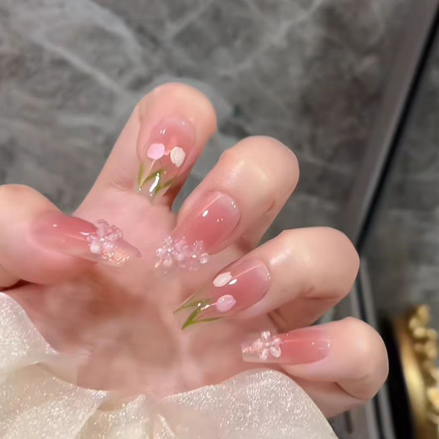 Oil Painting Sprite|3D Flower Pink Nail|Press On Nails