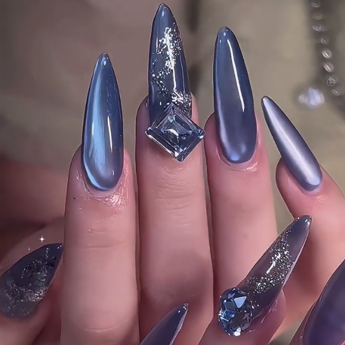 Blue Moonlight|Oval Blue Nail|Press On Nails