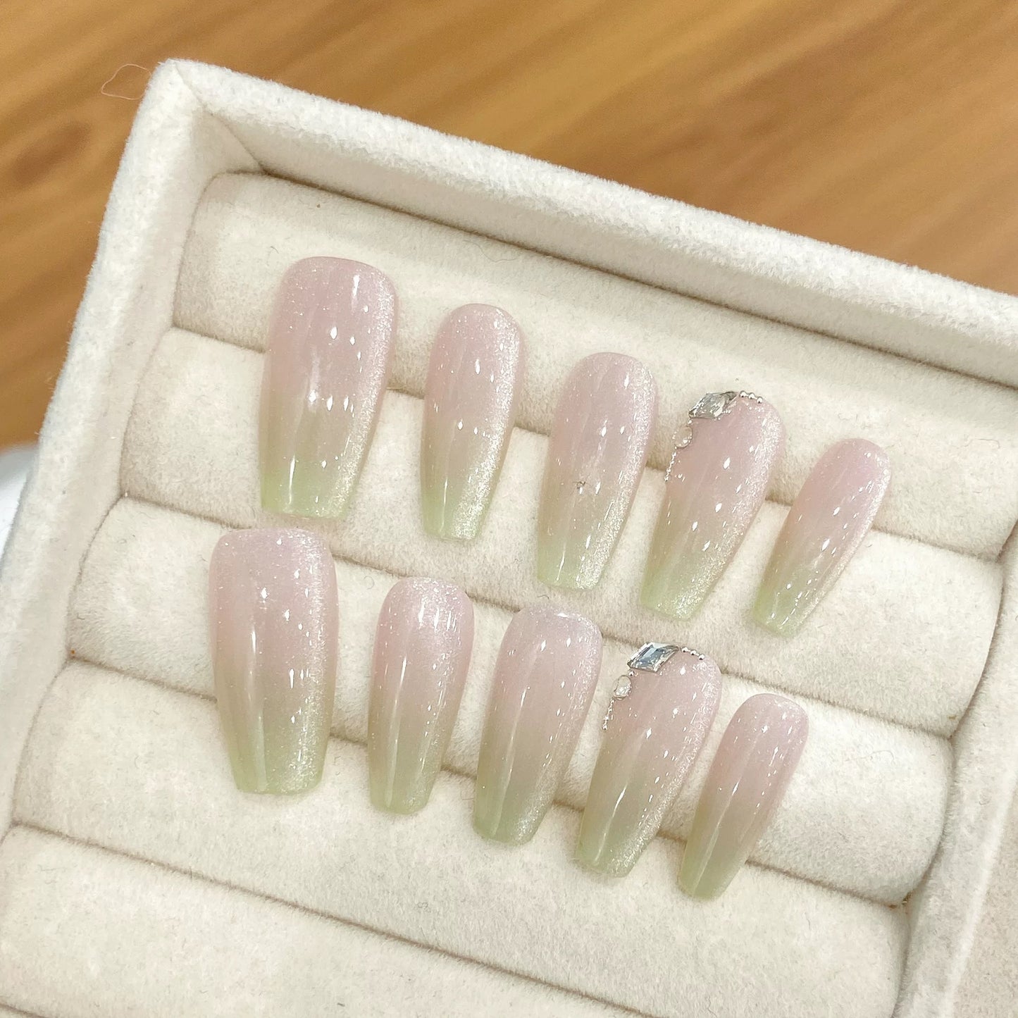 Jasmine Green Milk Tea|Coffin Pink & Green Nail|Press On Nails