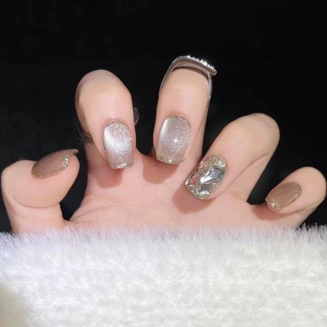 White Glass Beads|Coffin White Nail|Press On Nails
