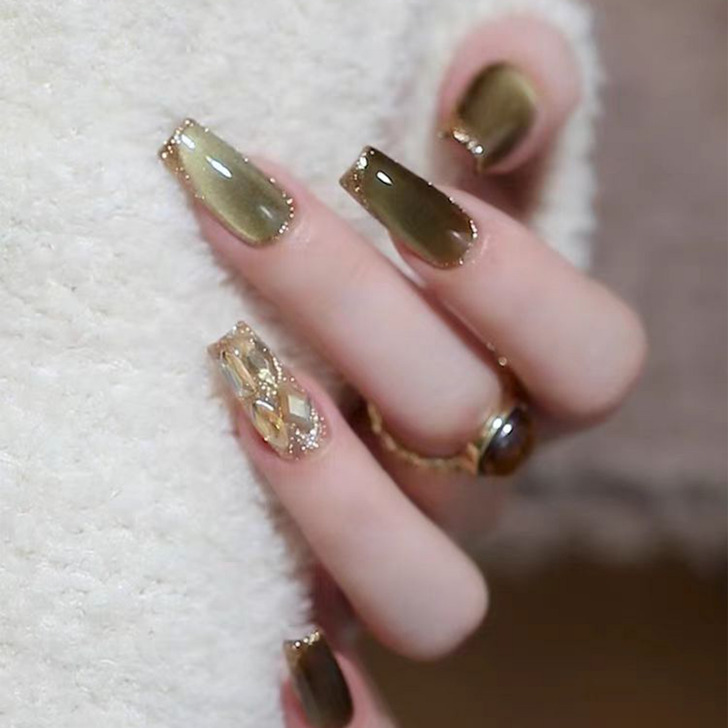 Magic Stone Sprite|Olive Green Cat Eye Nail|Press On Nail
