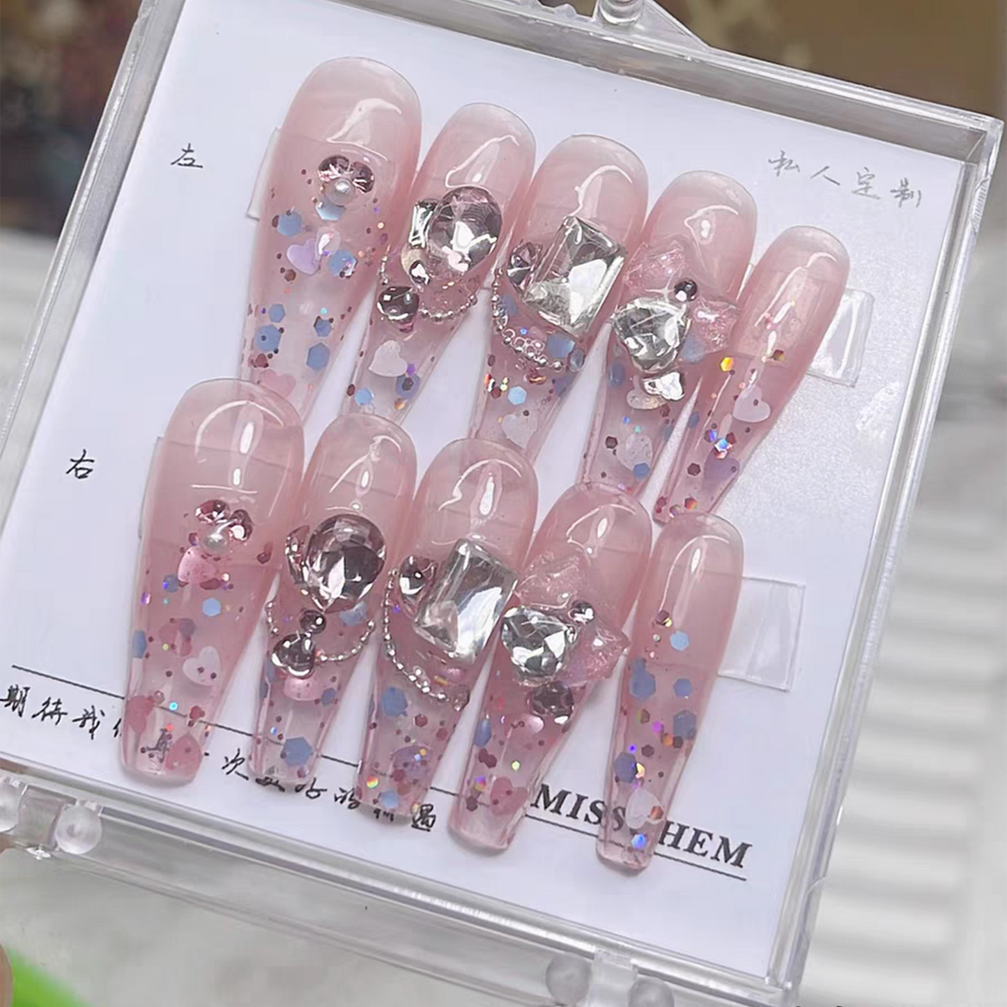 Heart Fluttering|Sheer Glitter Diamond Nail|Press On Nails