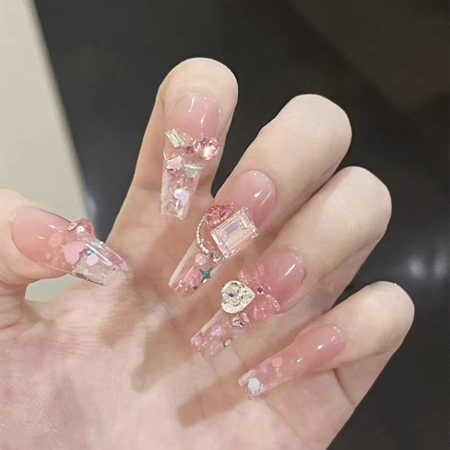 Heart Fluttering｜Sheer Glitter Diamond Nail｜Press On Nails