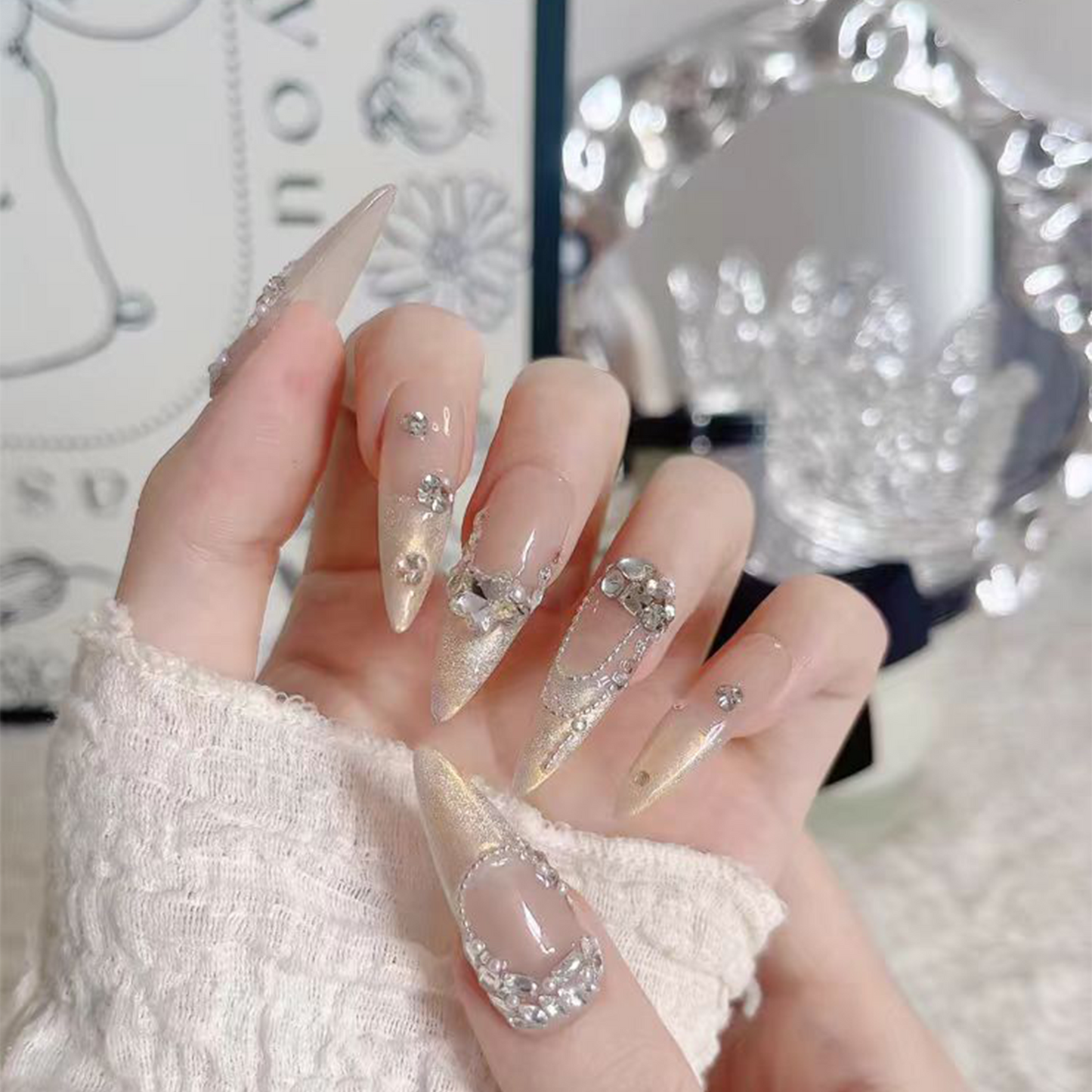 Luxe Butterfly｜Pink French Tip Nails With Diamond｜Press On Nails