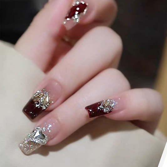 Sweetheart Cherry｜Deep Red Wine Diamond Nail｜Press On Nails