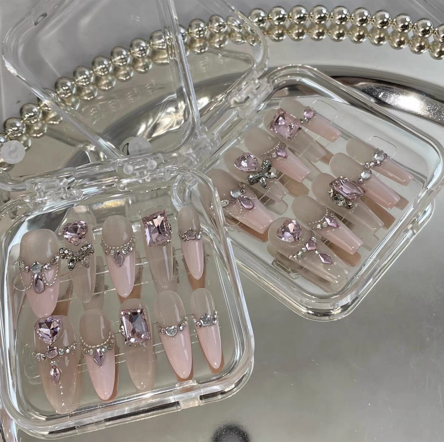 Angel Dowry | Pink French Tip Nails With Diamond | Press On Nails