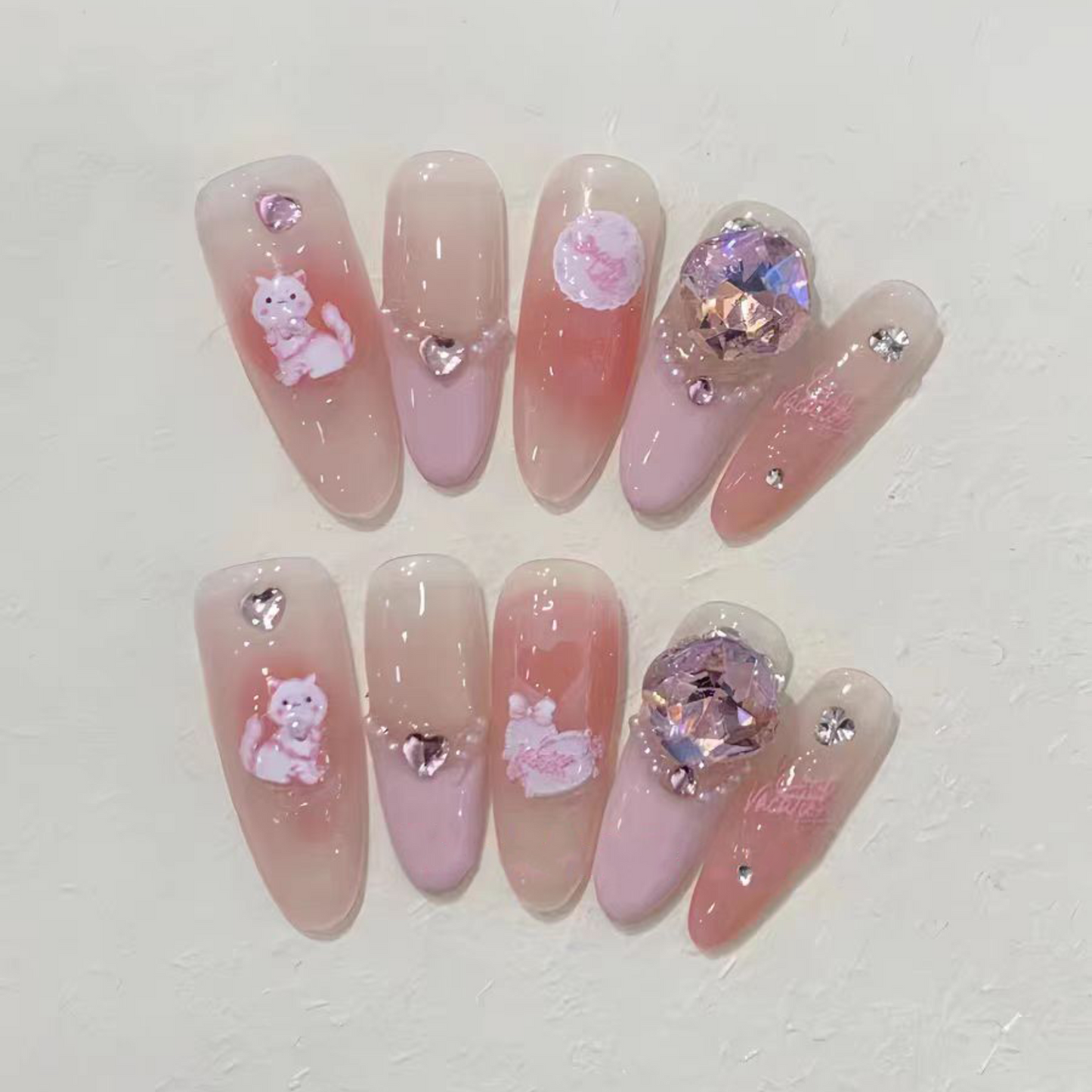 Cute Cat | Pink Peach French Nail | Press On Nails