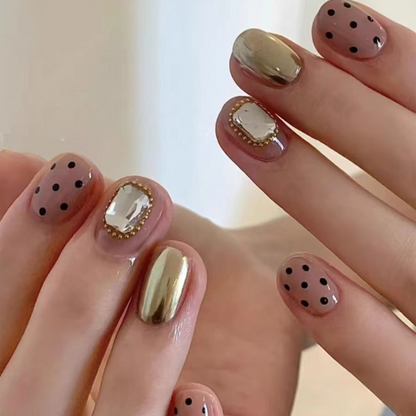 Metallic Polka Dots｜Coffin Gold Nail｜Press On Nails