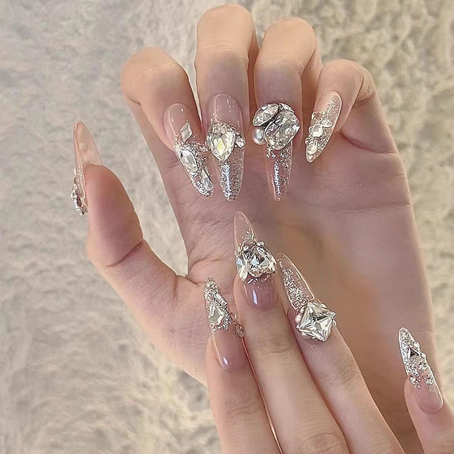 Bridal Gown｜Sparkling Silver Nail｜Press On Nails