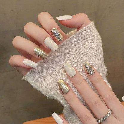 Roman Holiday｜Coffin White & Gold Nail｜Press On Nails