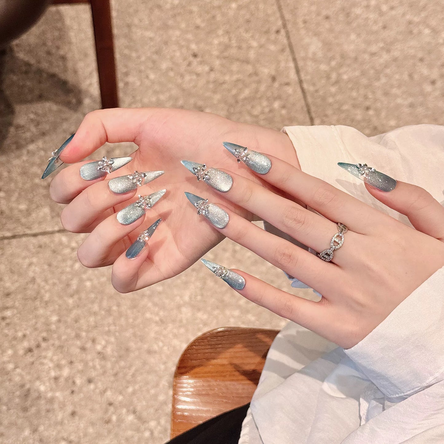 Glacial Enigma｜Stiletto Blue Nail｜Press On Nails