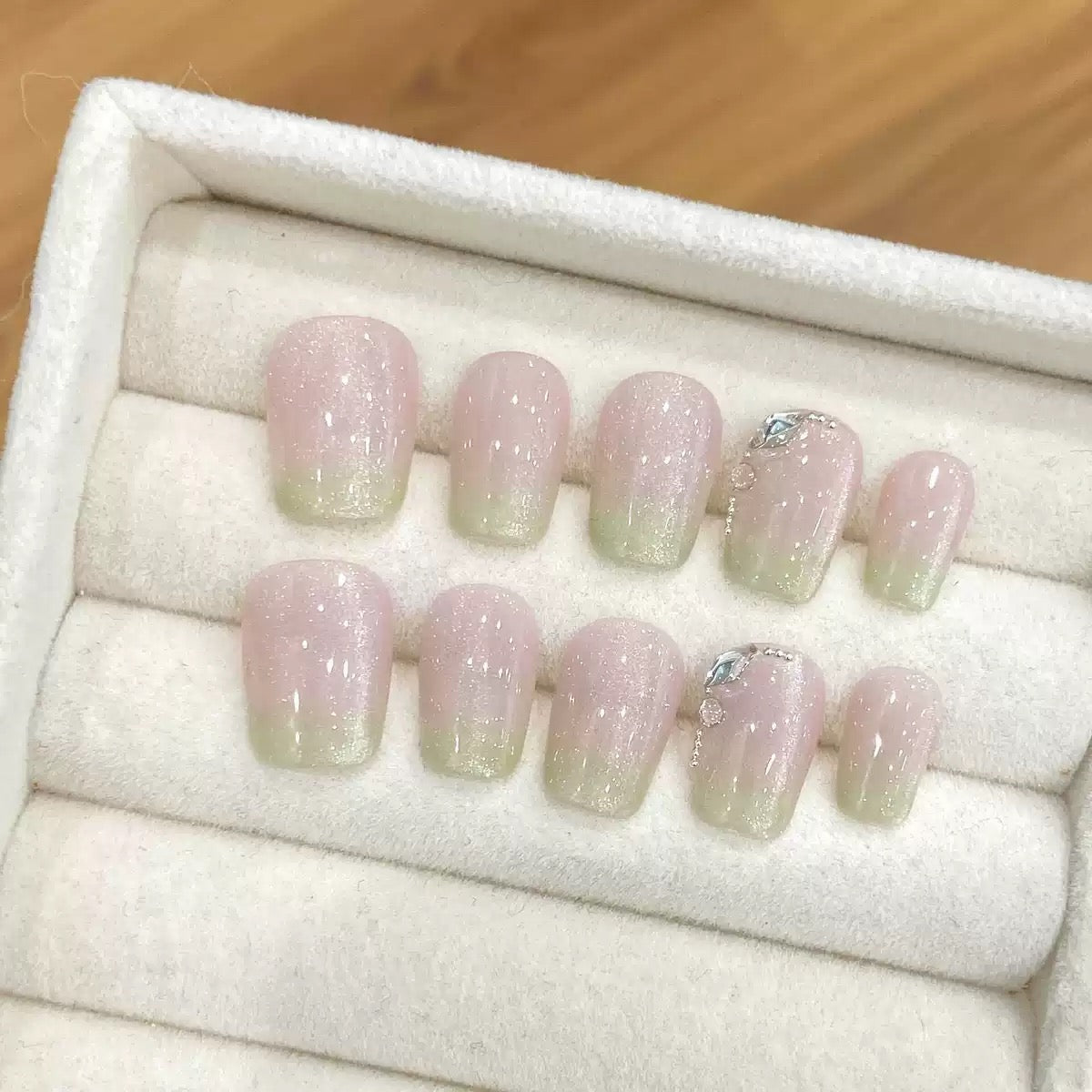 Jasmine Green Milk Tea｜Coffin Pink & Green Nail｜Press On Nails