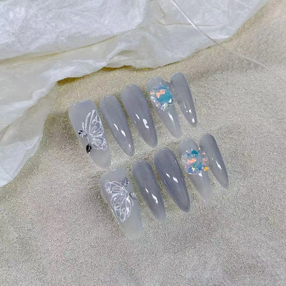 Letters from Butterflies｜Stiletto Blue Nail｜Press On Nails