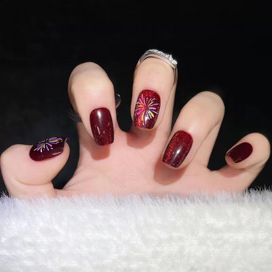 Fireworks｜Coffin Red Nail｜Press On Nails