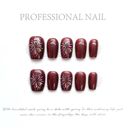 Fireworks｜Coffin Red Nail｜Press On Nails