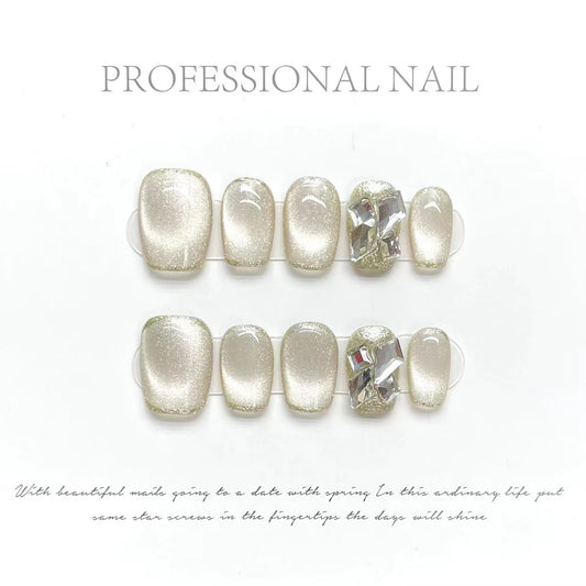 White Glass Beads｜Coffin White Nail｜Press On Nails
