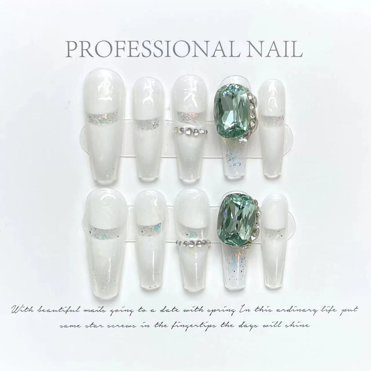 Green Aurora Cubes｜Coffin White Nail｜Press On Nails