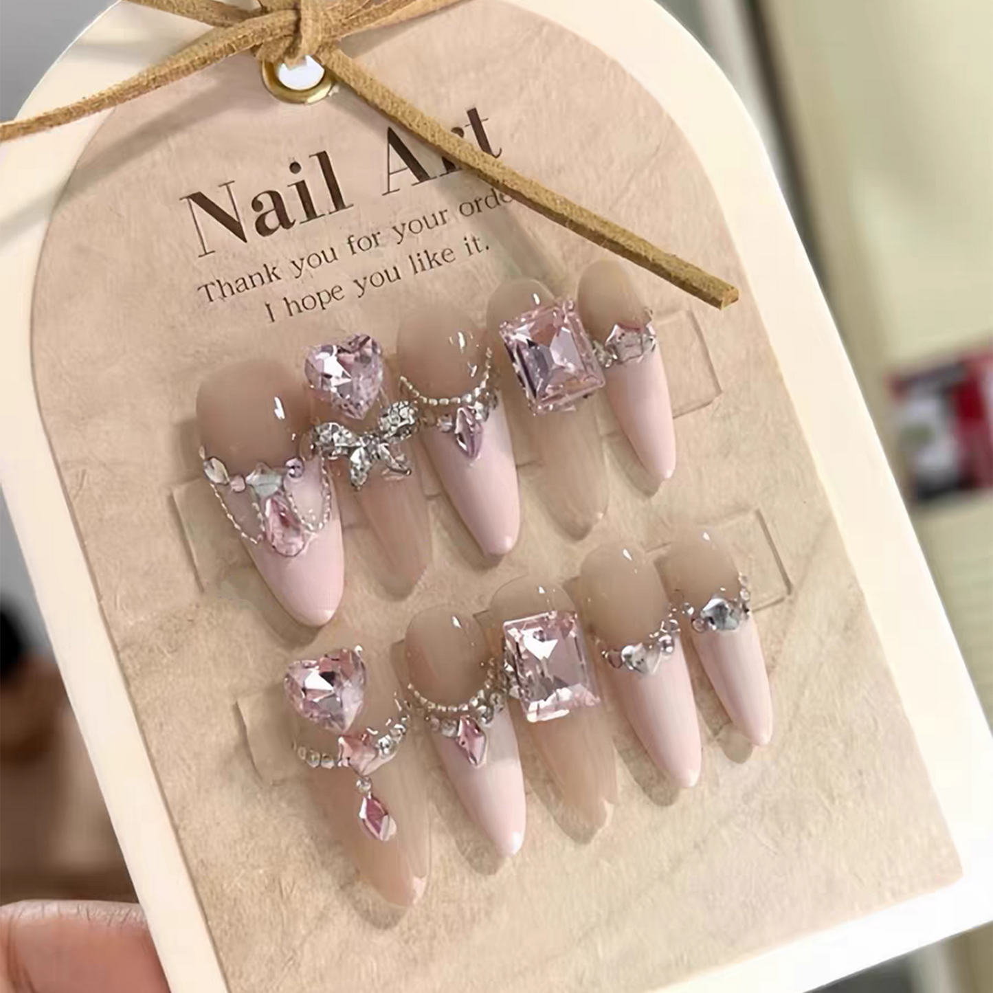 Angel Dowry | Pink French Tip Nails With Diamond | Press On Nails