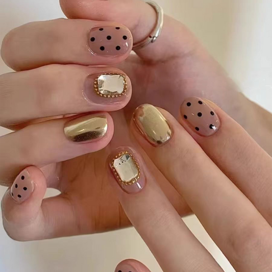 Metallic Polka Dots｜Coffin Gold Nail｜Press On Nails